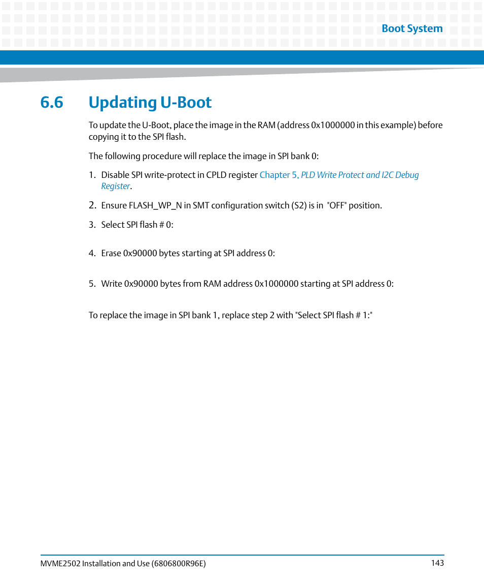 6 updating u-boot | Artesyn MVME2502 Installation and Use (April 2015) User Manual | Page 143 / 166