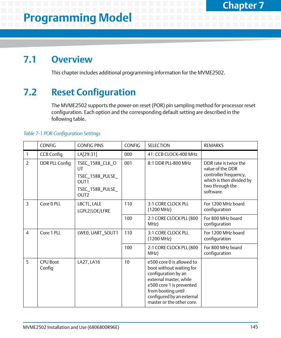Programming model, 1 overview, 2 reset configuration | 1 overview 7.2 reset configuration, Table 7-1, Por configuration settings, Chapter 7 | Artesyn MVME2502 Installation and Use (April 2015) User Manual | Page 145 / 166