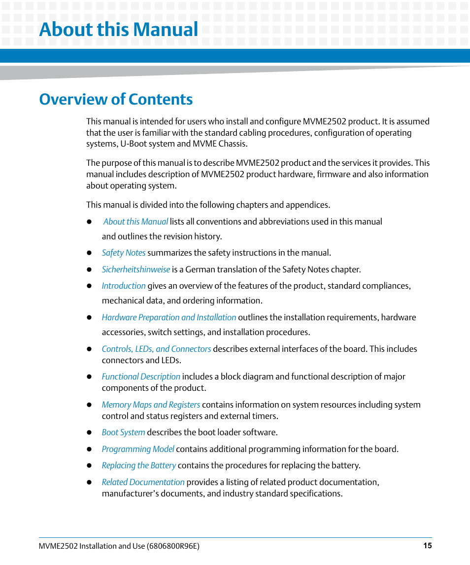 About this manual, Overview of contents | Artesyn MVME2502 Installation and Use (April 2015) User Manual | Page 15 / 166