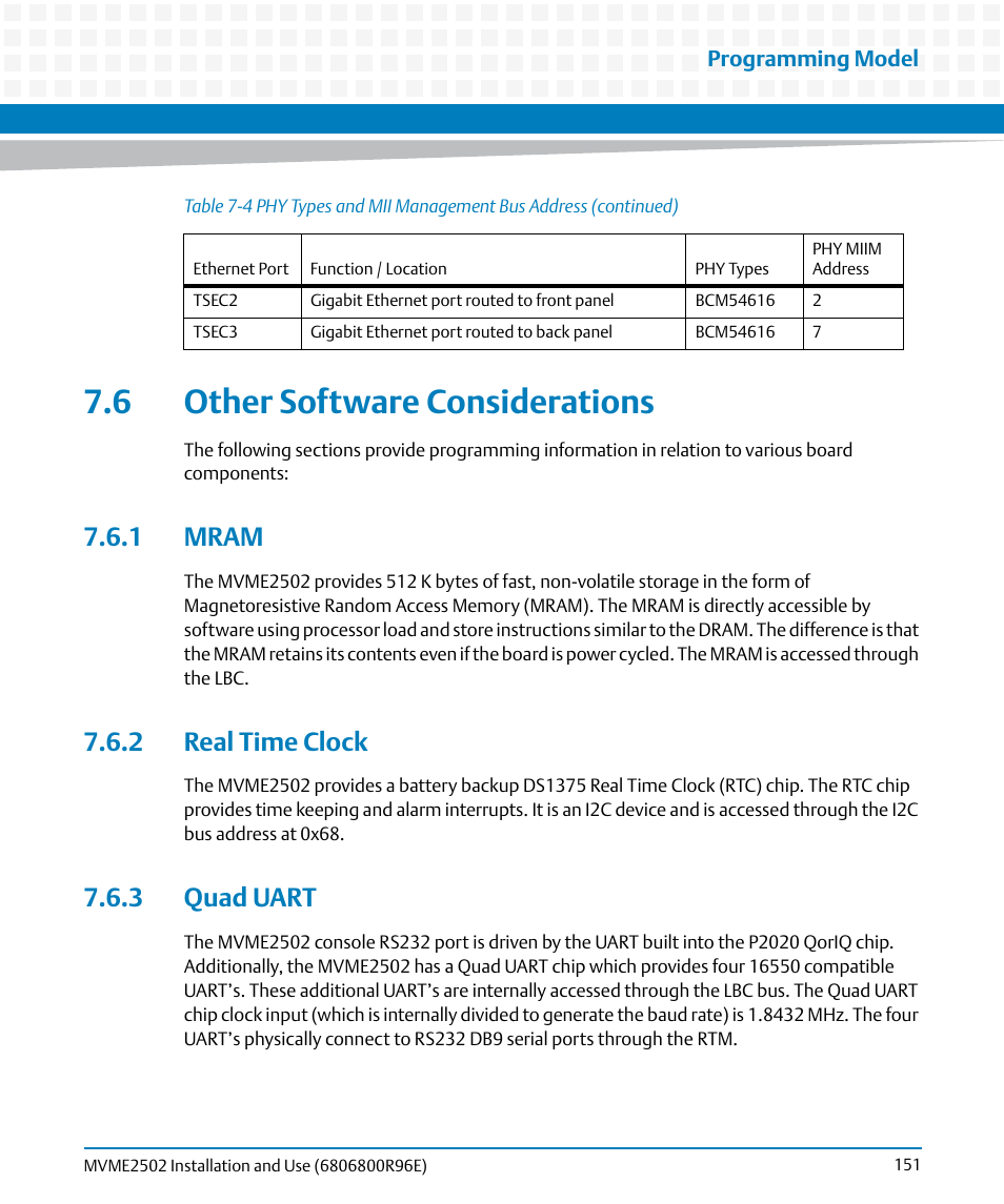 6 other software considerations, 1 mram, 2 real time clock | 3 quad uart, 1 mram 7.6.2 real time clock 7.6.3 quad uart | Artesyn MVME2502 Installation and Use (April 2015) User Manual | Page 151 / 166