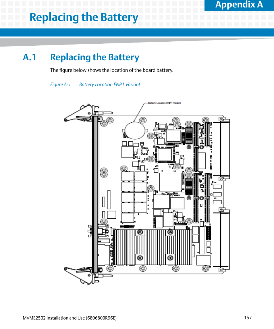 A replacing the battery, A.1 replacing the battery, Figure a-1 | Battery location enp1 variant, Replacing the battery, Appendix a | Artesyn MVME2502 Installation and Use (April 2015) User Manual | Page 157 / 166