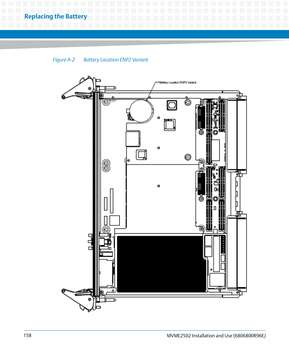 Figure a-2, Battery location enp2 variant, Replacing the battery | Artesyn MVME2502 Installation and Use (April 2015) User Manual | Page 158 / 166
