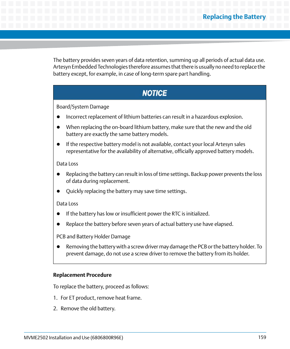 Replacing the battery | Artesyn MVME2502 Installation and Use (April 2015) User Manual | Page 159 / 166