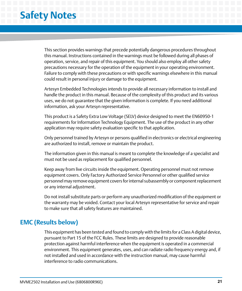 Safety notes, Emc (results below) | Artesyn MVME2502 Installation and Use (April 2015) User Manual | Page 21 / 166