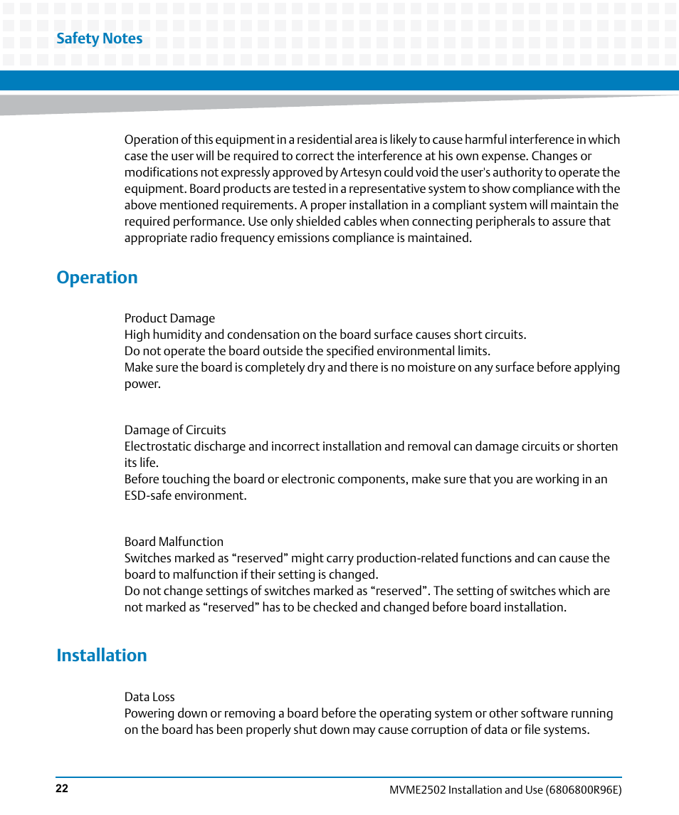 Operation, Installation | Artesyn MVME2502 Installation and Use (April 2015) User Manual | Page 22 / 166