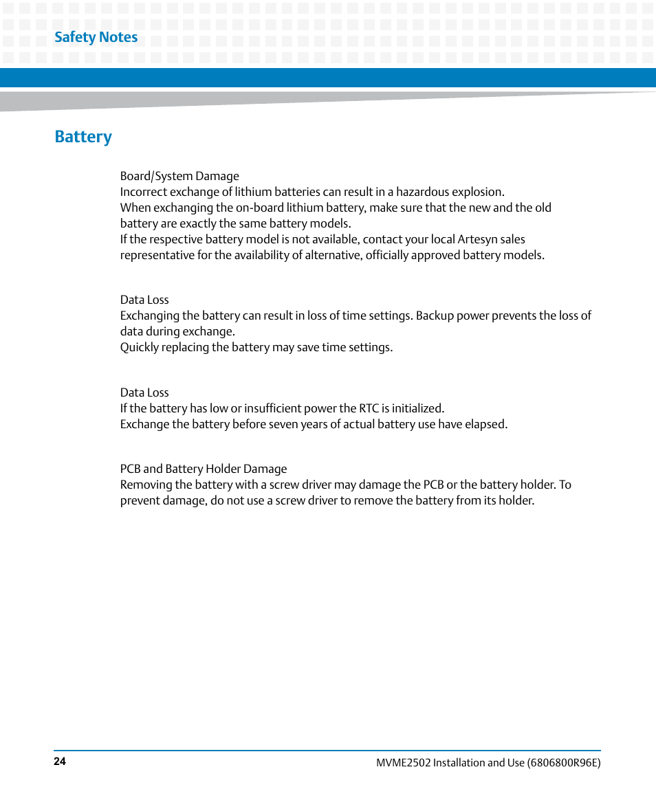 Battery | Artesyn MVME2502 Installation and Use (April 2015) User Manual | Page 24 / 166