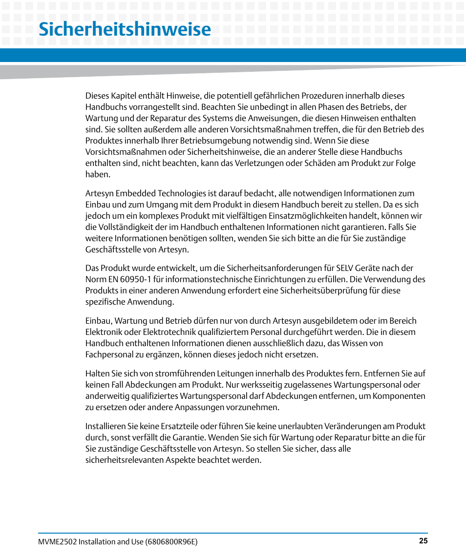 Sicherheitshinweise, Is a ge | Artesyn MVME2502 Installation and Use (April 2015) User Manual | Page 25 / 166