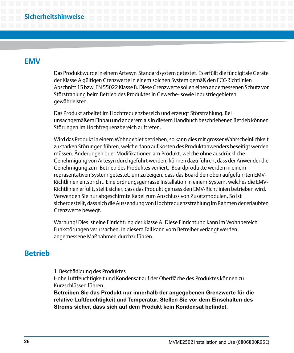 Betrieb | Artesyn MVME2502 Installation and Use (April 2015) User Manual | Page 26 / 166