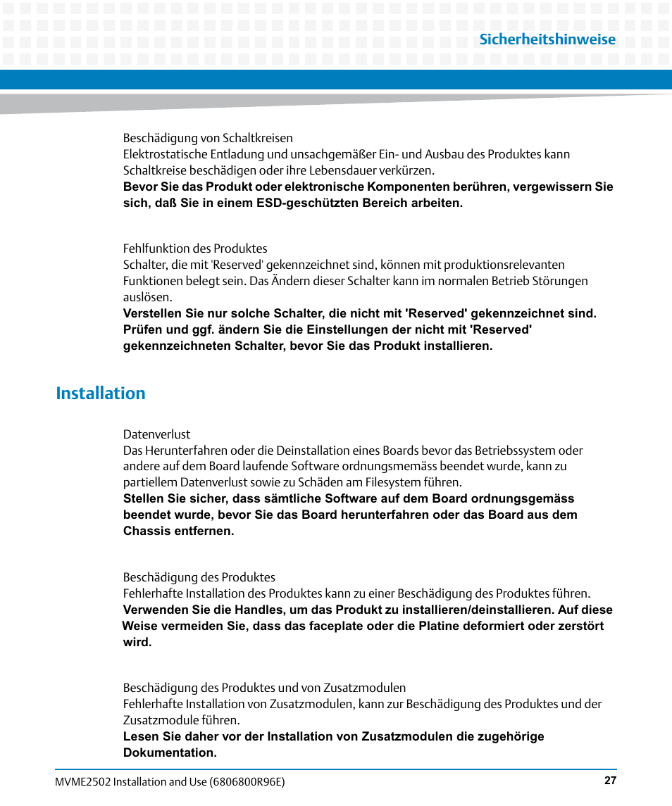 Installation, Sicherheitshinweise | Artesyn MVME2502 Installation and Use (April 2015) User Manual | Page 27 / 166