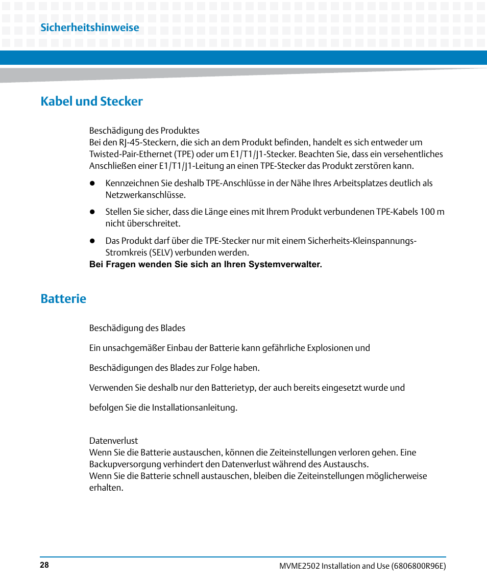 Kabel und stecker, Batterie, Sicherheitshinweise | Artesyn MVME2502 Installation and Use (April 2015) User Manual | Page 28 / 166