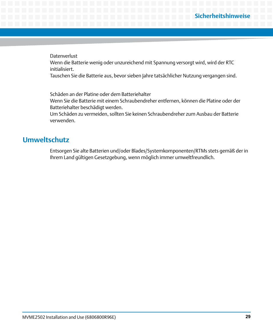Umweltschutz | Artesyn MVME2502 Installation and Use (April 2015) User Manual | Page 29 / 166