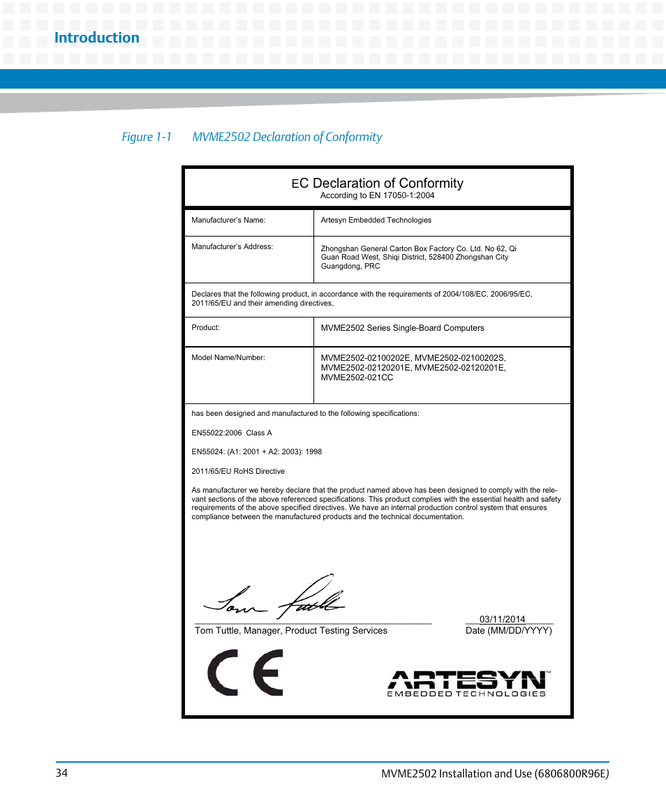 Figure 1-1, Mvme2502 declaration of conformity, Introduction | C declaration of conformity | Artesyn MVME2502 Installation and Use (April 2015) User Manual | Page 34 / 166