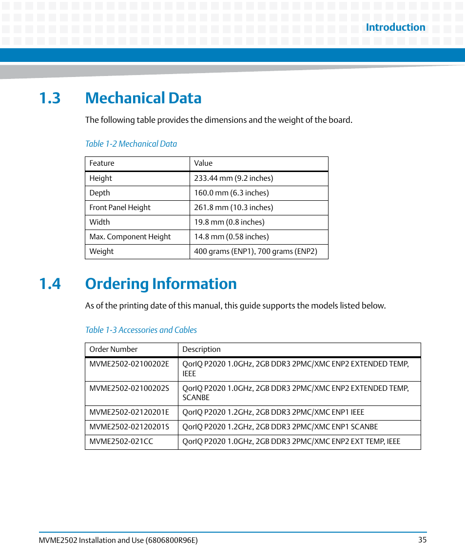 3 mechanical data, 4 ordering information, 3 mechanical data 1.4 ordering information | Table 1-2, Mechanical data, Table 1-3, Accessories and cables, Introduction | Artesyn MVME2502 Installation and Use (April 2015) User Manual | Page 35 / 166