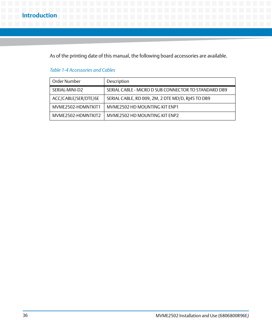 Table 1-4, Accessories and cables, Introduction | Artesyn MVME2502 Installation and Use (April 2015) User Manual | Page 36 / 166