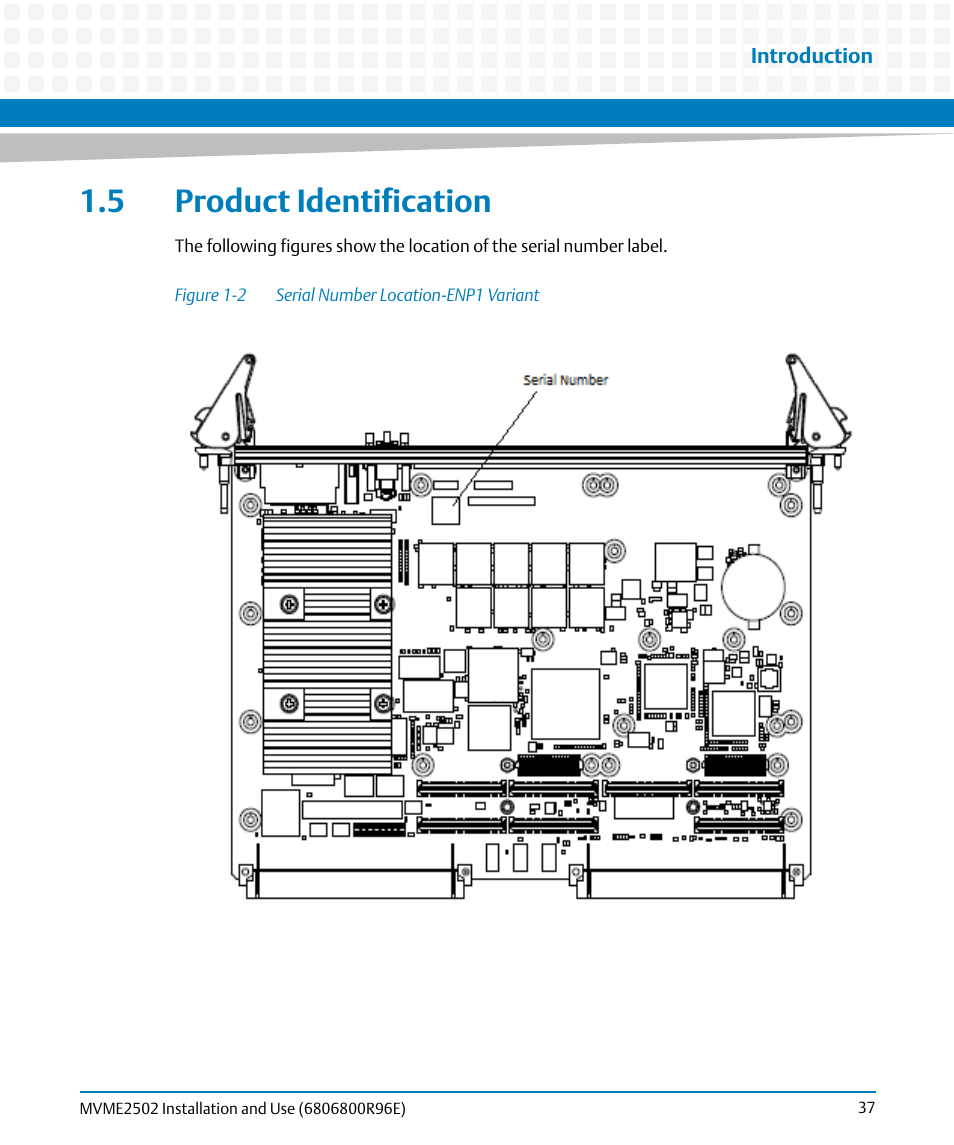 5 product identification, Figure 1-2, Serial number location-enp1 variant | Artesyn MVME2502 Installation and Use (April 2015) User Manual | Page 37 / 166