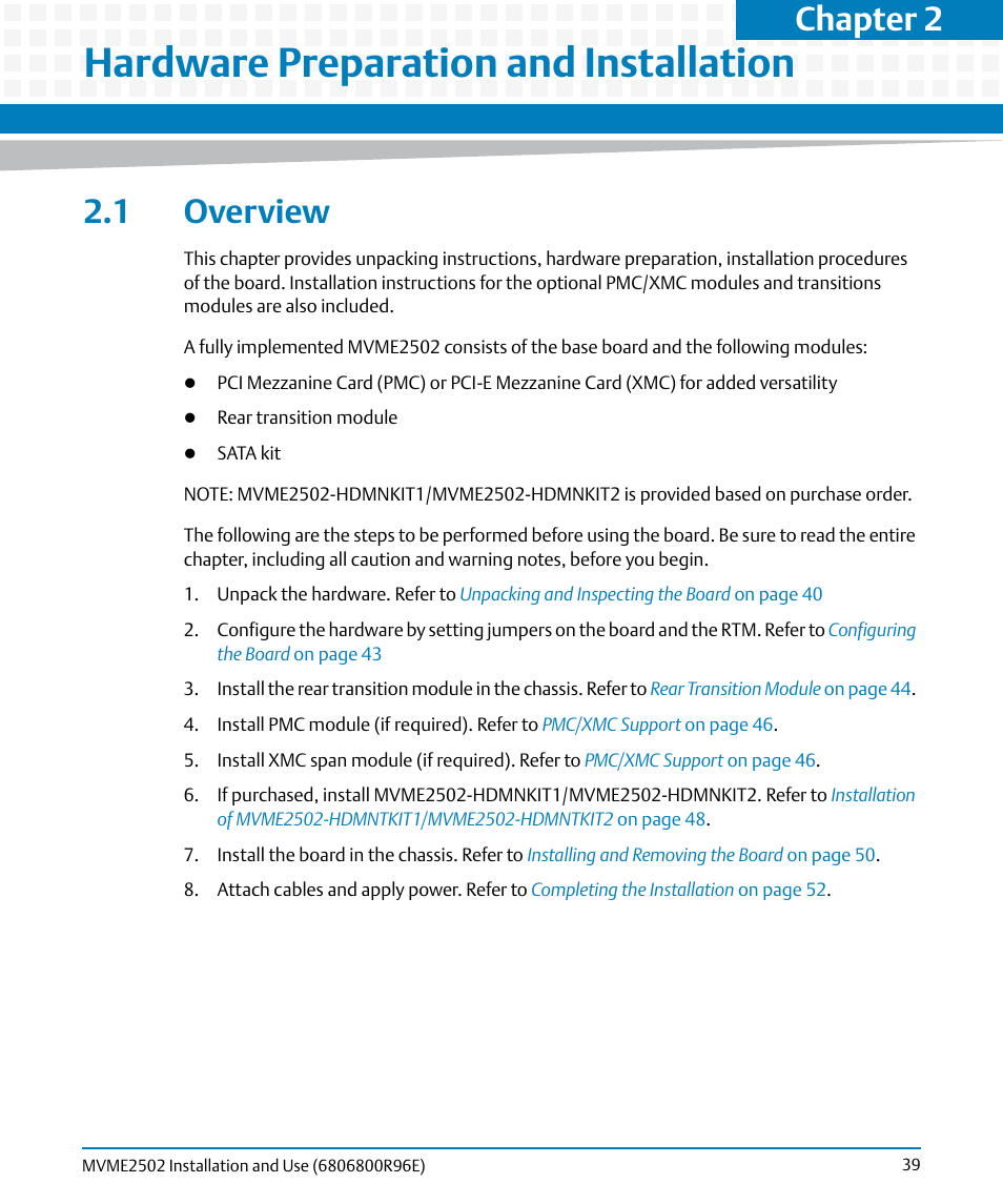 Hardware preparation and installation, 1 overview, Outline | Chapter 2 | Artesyn MVME2502 Installation and Use (April 2015) User Manual | Page 39 / 166