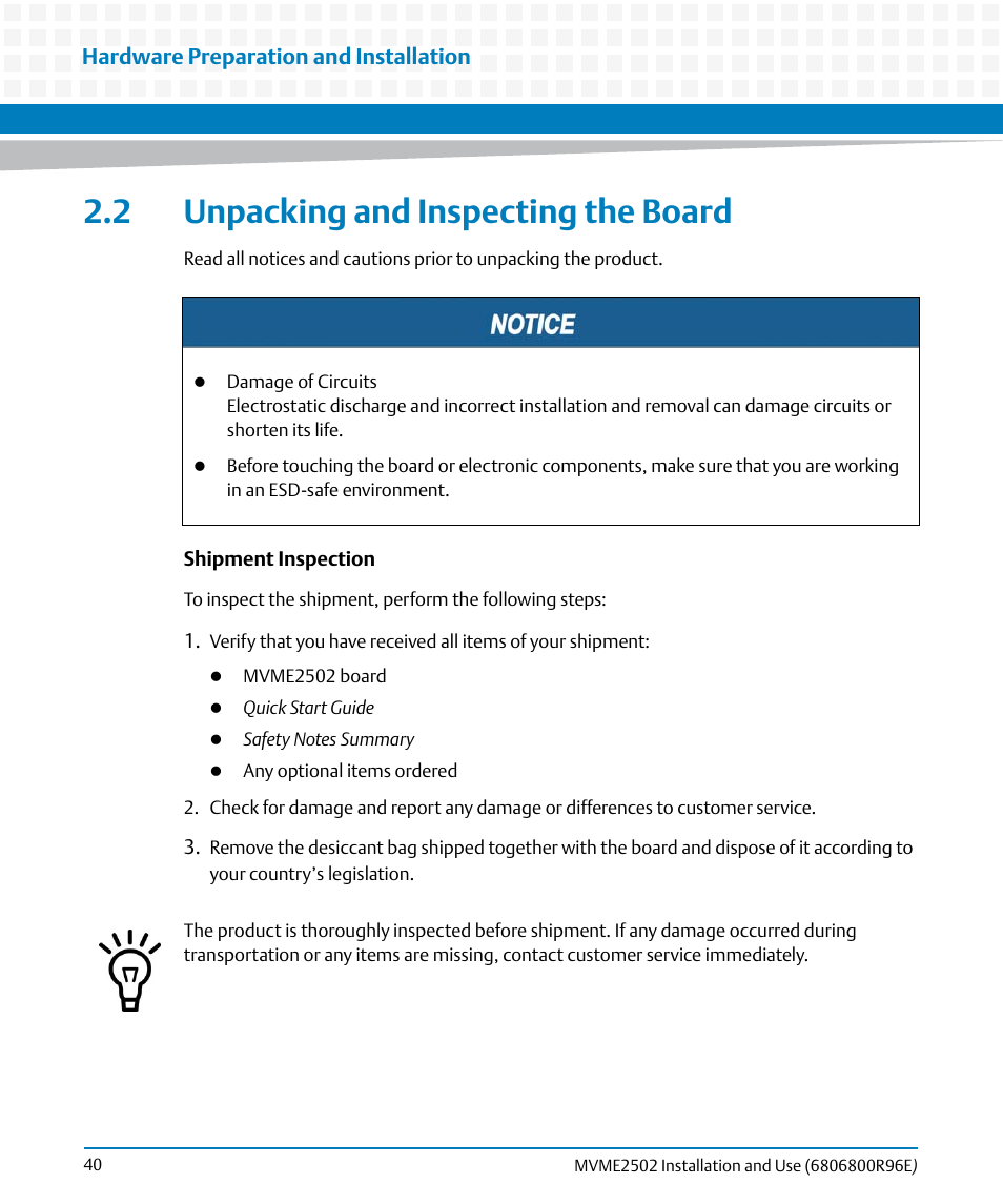 2 unpacking and inspecting the board, Unpacking and inspecting the board | Artesyn MVME2502 Installation and Use (April 2015) User Manual | Page 40 / 166
