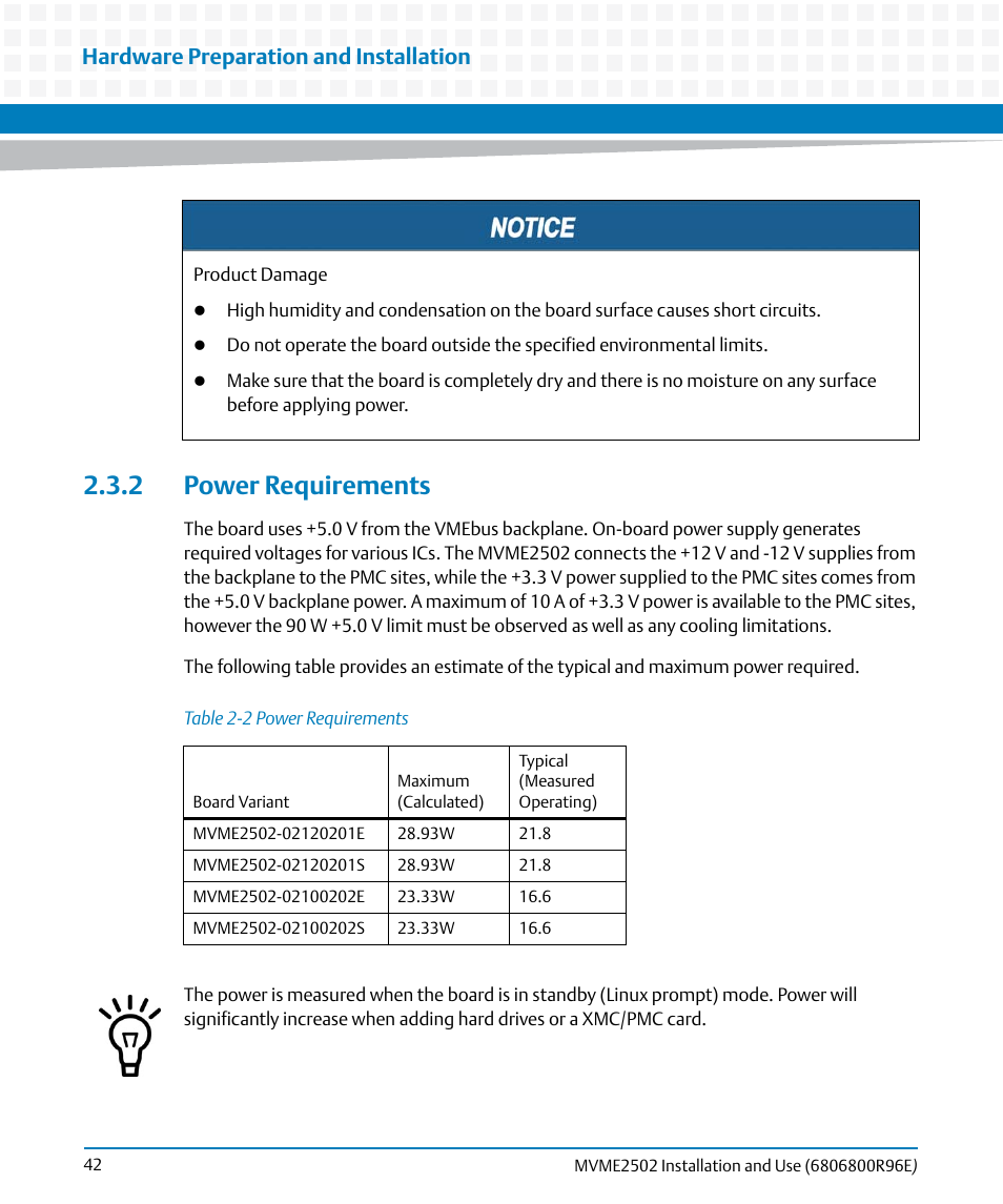 2 power requirements, Table 2-2, Power requirements | Hardware preparation and installation | Artesyn MVME2502 Installation and Use (April 2015) User Manual | Page 42 / 166