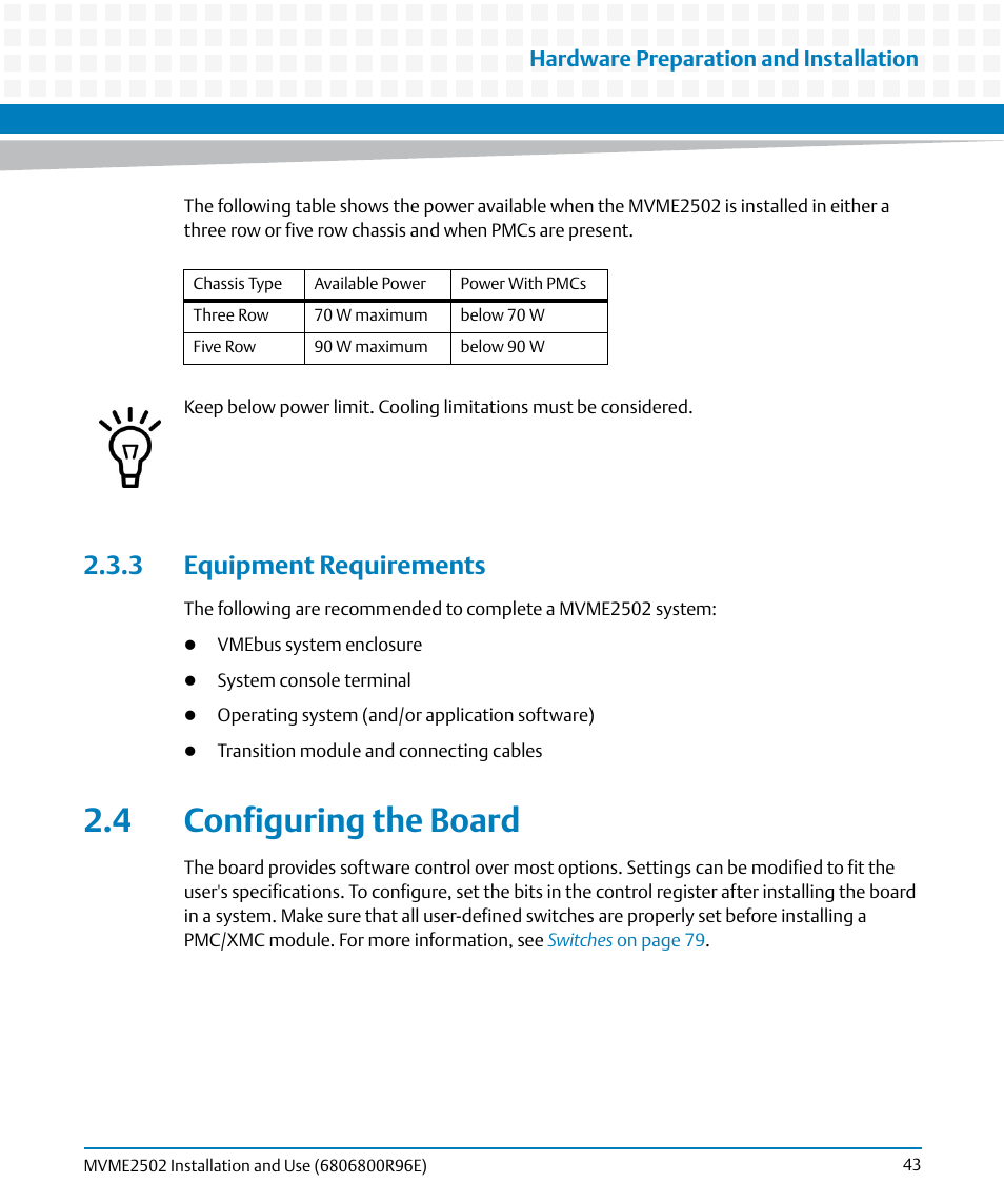3 equipment requirements, 4 configuring the board, Configuring | The board, Hardware preparation and installation | Artesyn MVME2502 Installation and Use (April 2015) User Manual | Page 43 / 166