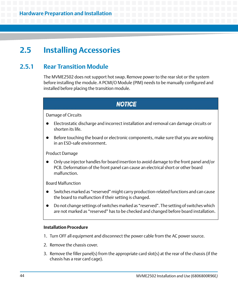 5 installing accessories, 1 rear transition module, Rear transition module | Artesyn MVME2502 Installation and Use (April 2015) User Manual | Page 44 / 166