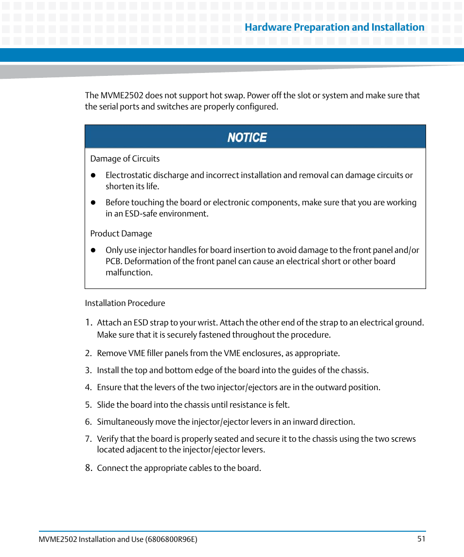 Hardware preparation and installation | Artesyn MVME2502 Installation and Use (April 2015) User Manual | Page 51 / 166