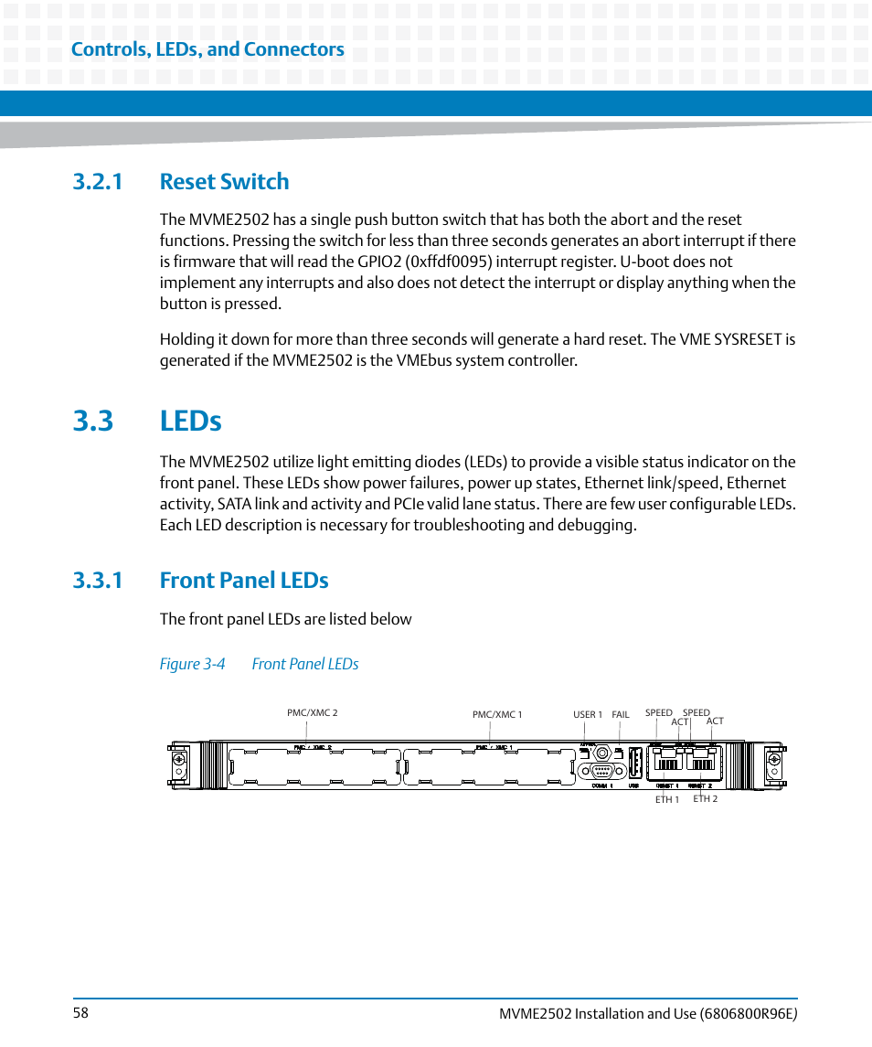 1 reset switch, 3 leds, 1 front panel leds | Figure 3-4, Front panel leds, Controls, leds, and connectors | Artesyn MVME2502 Installation and Use (April 2015) User Manual | Page 58 / 166