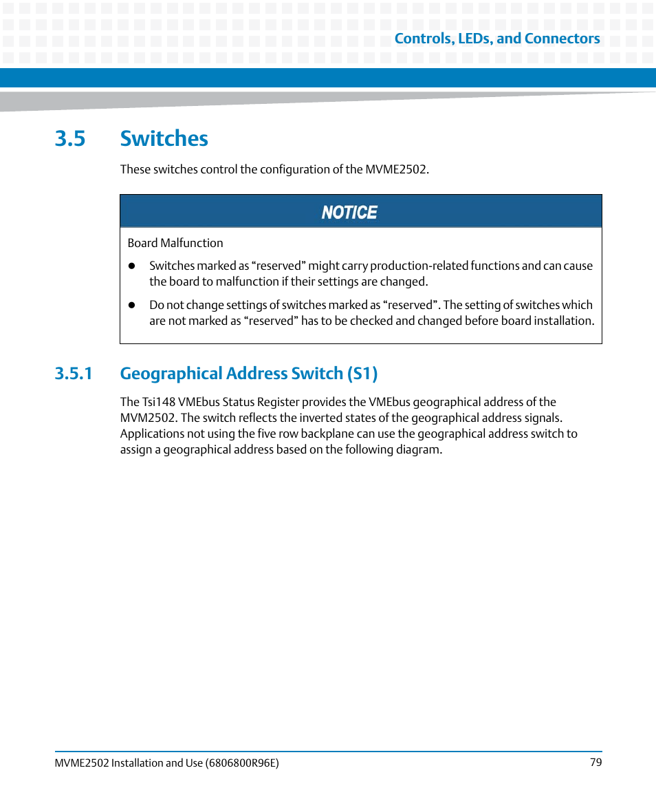5 switches, 1 geographical address switch (s1) | Artesyn MVME2502 Installation and Use (April 2015) User Manual | Page 79 / 166