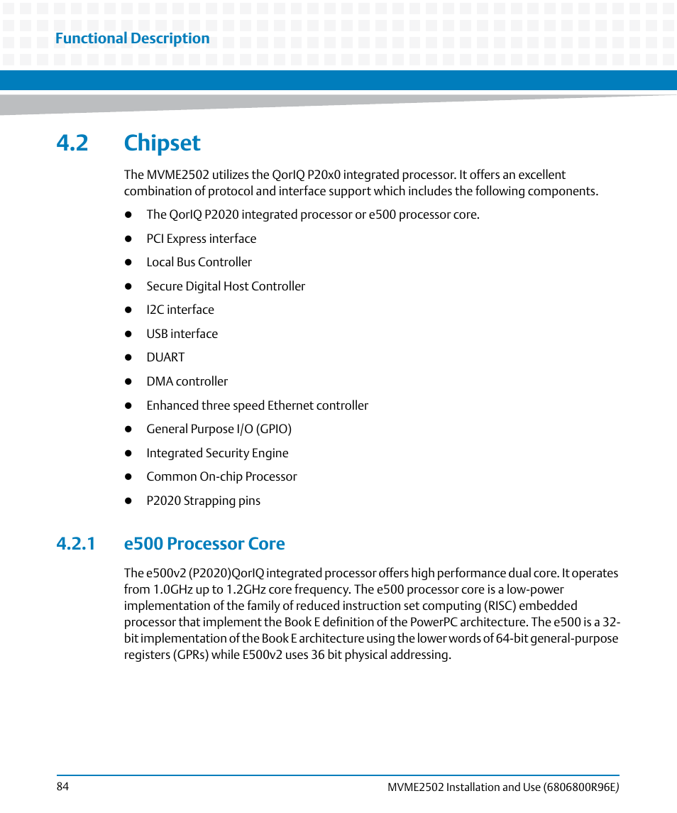 2 chipset, 1 e500 processor core, Functional description | Artesyn MVME2502 Installation and Use (April 2015) User Manual | Page 84 / 166