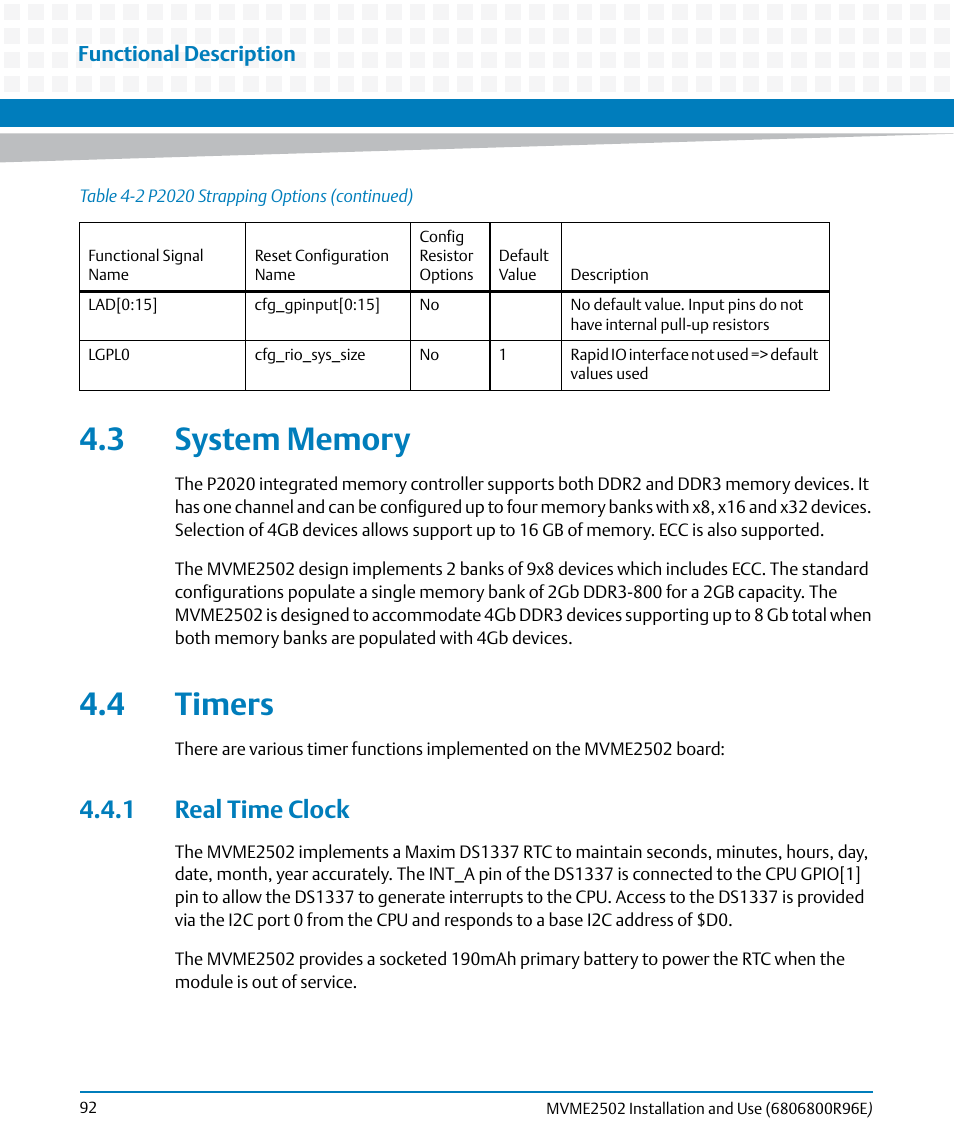 3 system memory, 4 timers, 1 real time clock | 3 system memory 4.4 timers | Artesyn MVME2502 Installation and Use (April 2015) User Manual | Page 92 / 166