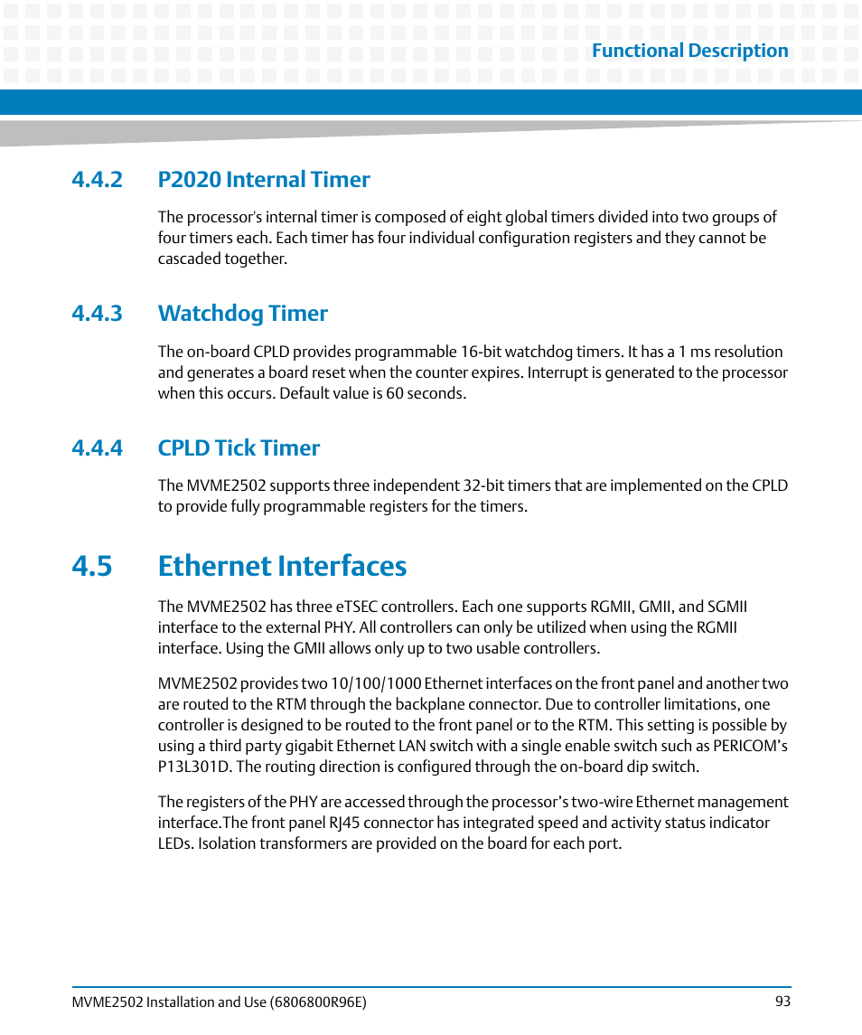 2 p2020 internal timer, 3 watchdog timer, 4 cpld tick timer | 5 ethernet interfaces | Artesyn MVME2502 Installation and Use (April 2015) User Manual | Page 93 / 166