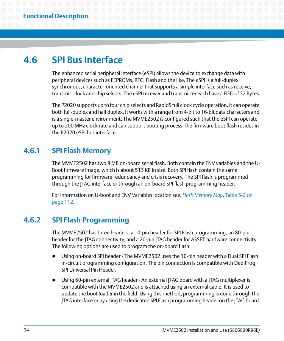6 spi bus interface, 1 spi flash memory, 2 spi flash programming | 1 spi flash memory 4.6.2 spi flash programming | Artesyn MVME2502 Installation and Use (April 2015) User Manual | Page 94 / 166