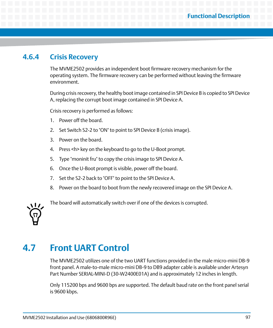 4 crisis recovery, 7 front uart control, Crisis recovery | Artesyn MVME2502 Installation and Use (April 2015) User Manual | Page 97 / 166