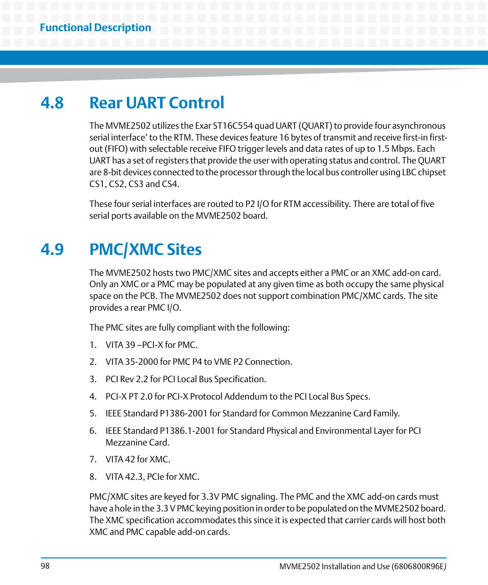 8 rear uart control, 9 pmc/xmc sites, 8 rear uart control 4.9 pmc/xmc sites | Artesyn MVME2502 Installation and Use (April 2015) User Manual | Page 98 / 166