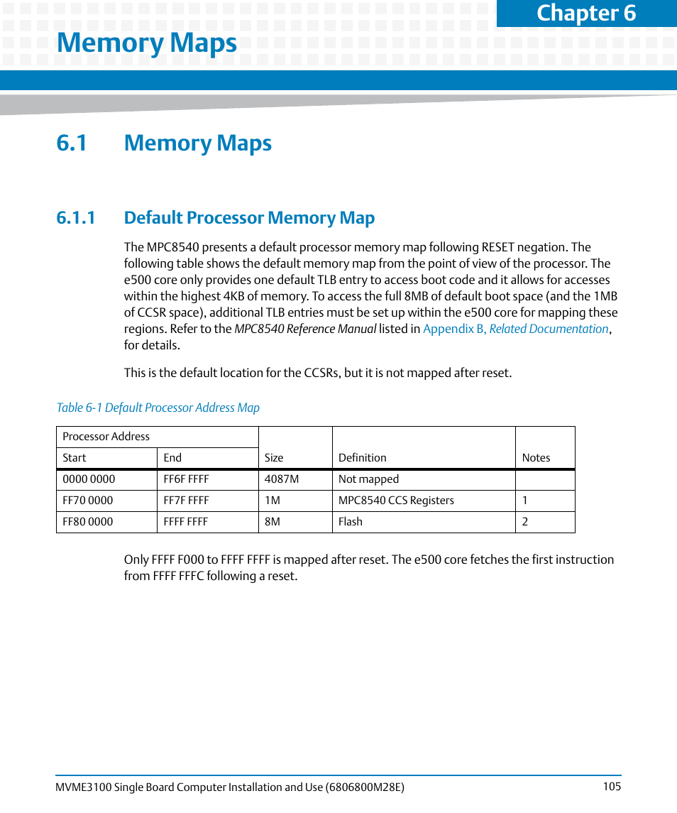 Memory maps, 1 memory maps, 1 default processor memory map | Table 6-1, Default processor address map, Chapter 6 | Artesyn MVME3100 Single Board Computer Installation and Use (June 2014) User Manual | Page 105 / 156