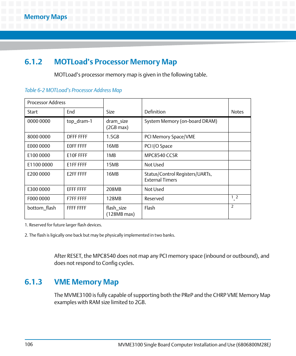 2 motload’s processor memory map, 3 vme memory map, Table 6-2 | Motload’s processor address map | Artesyn MVME3100 Single Board Computer Installation and Use (June 2014) User Manual | Page 106 / 156