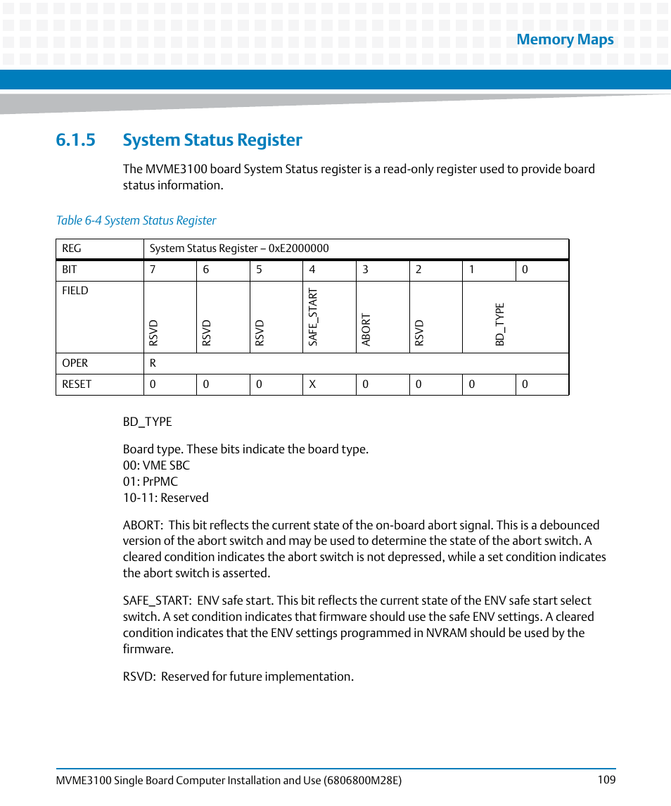 5 system status register, Table 6-4, System status register | Artesyn MVME3100 Single Board Computer Installation and Use (June 2014) User Manual | Page 109 / 156