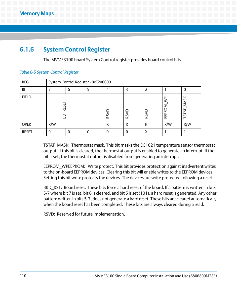 6 system control register, Table 6-5, System control register | Artesyn MVME3100 Single Board Computer Installation and Use (June 2014) User Manual | Page 110 / 156