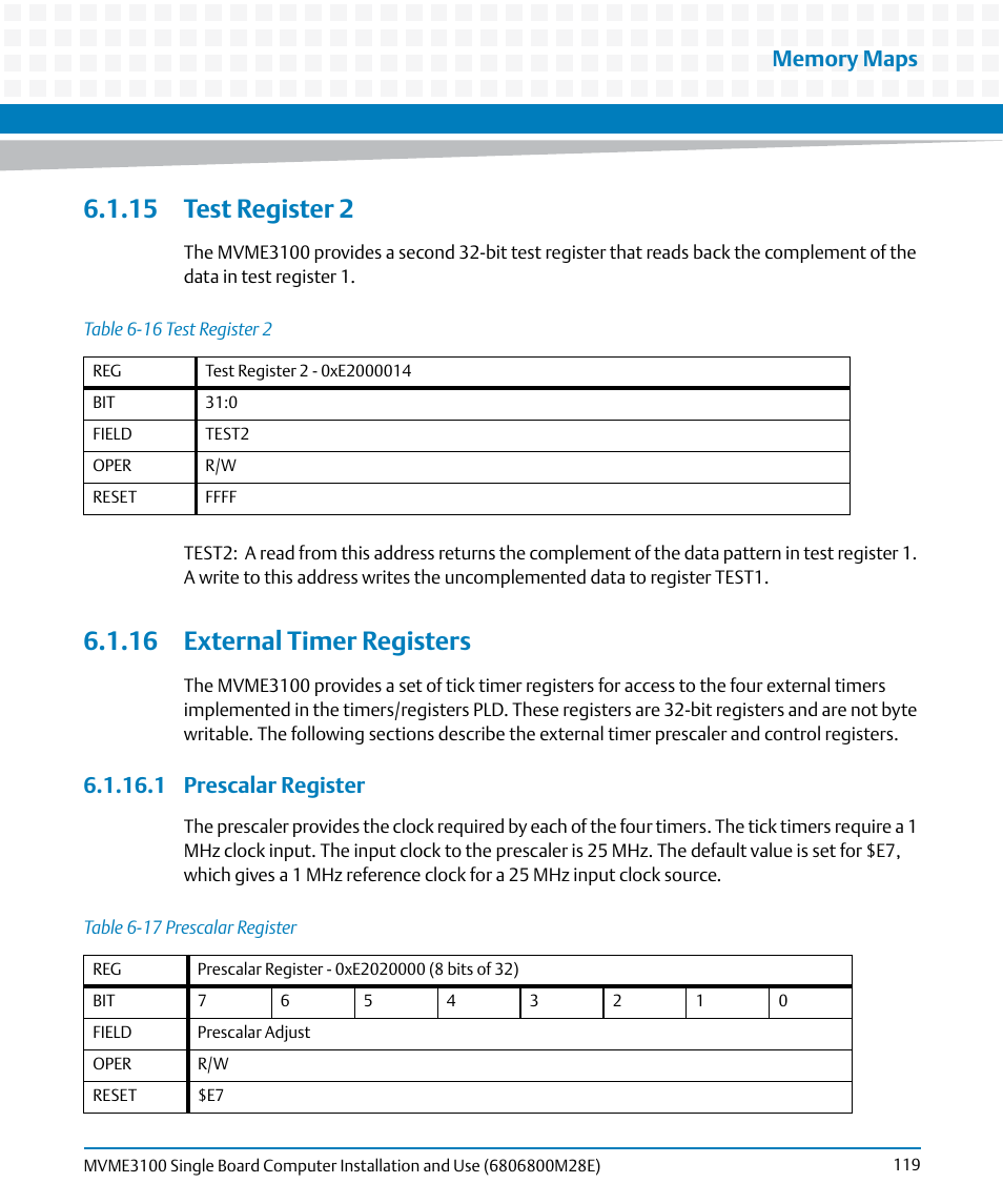 15 test register 2, 16 external timer registers, 1 prescalar register | 15 test register 2 6.1.16 external timer registers, Table 6-16, Test register 2, Table 6-17, Prescalar register | Artesyn MVME3100 Single Board Computer Installation and Use (June 2014) User Manual | Page 119 / 156