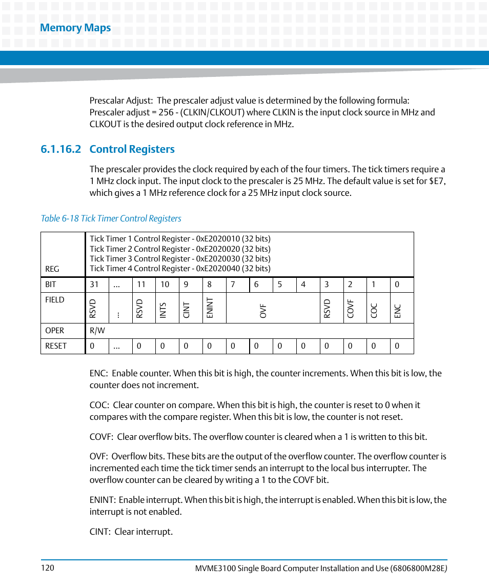 2 control registers, Table 6-18, Tick timer control registers | Artesyn MVME3100 Single Board Computer Installation and Use (June 2014) User Manual | Page 120 / 156
