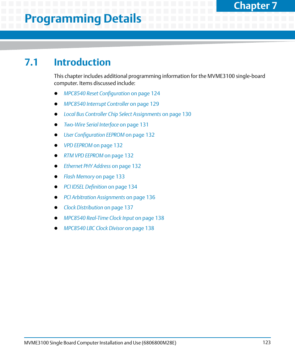 Programming details, 1 introduction, Chapter 7 | Artesyn MVME3100 Single Board Computer Installation and Use (June 2014) User Manual | Page 123 / 156