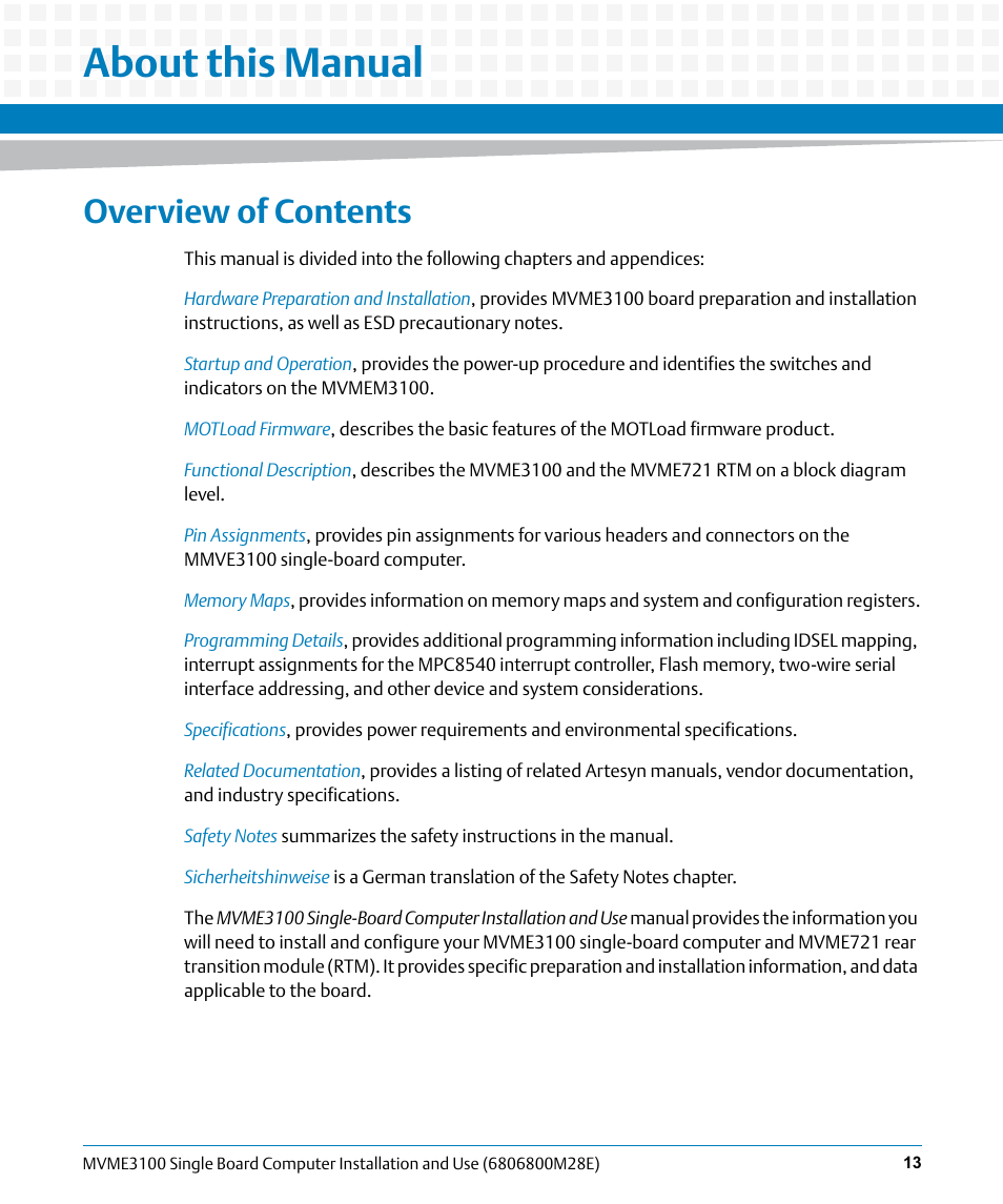About this manual, Overview of contents | Artesyn MVME3100 Single Board Computer Installation and Use (June 2014) User Manual | Page 13 / 156