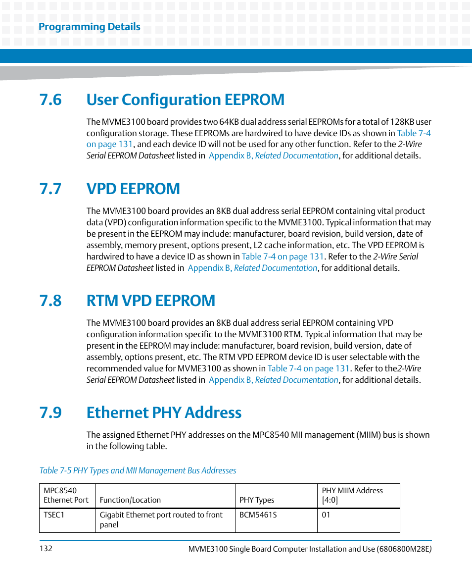 6 user configuration eeprom, 7 vpd eeprom, 8 rtm vpd eeprom | 9 ethernet phy address, Table 7-5, Phy types and mii management bus addresses, User configuration eeprom, Vpd eeprom, Rtm vpd eeprom, Ethernet phy address | Artesyn MVME3100 Single Board Computer Installation and Use (June 2014) User Manual | Page 132 / 156