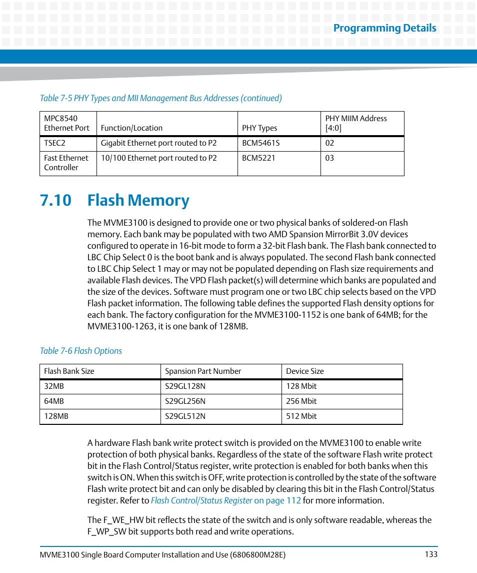 10 flash memory, Table 7-6, Flash options | Flash memory, Programming details | Artesyn MVME3100 Single Board Computer Installation and Use (June 2014) User Manual | Page 133 / 156