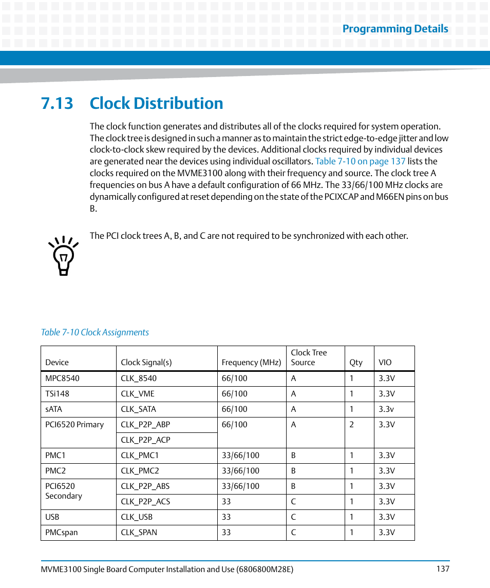 13 clock distribution, Table 7-10, Clock assignments | Clock distribution, Programming details | Artesyn MVME3100 Single Board Computer Installation and Use (June 2014) User Manual | Page 137 / 156