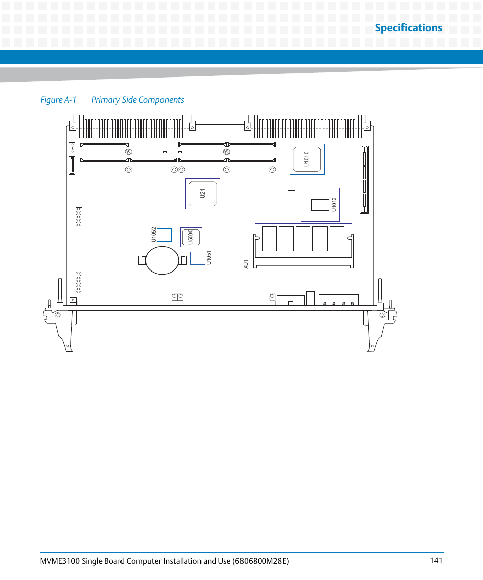 Figure a-1, Primary side components, Specifications | Figure a-1 primary side components | Artesyn MVME3100 Single Board Computer Installation and Use (June 2014) User Manual | Page 141 / 156