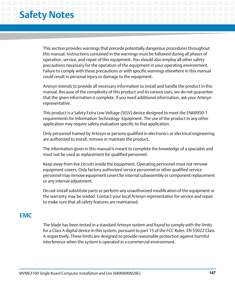Safety notes | Artesyn MVME3100 Single Board Computer Installation and Use (June 2014) User Manual | Page 147 / 156
