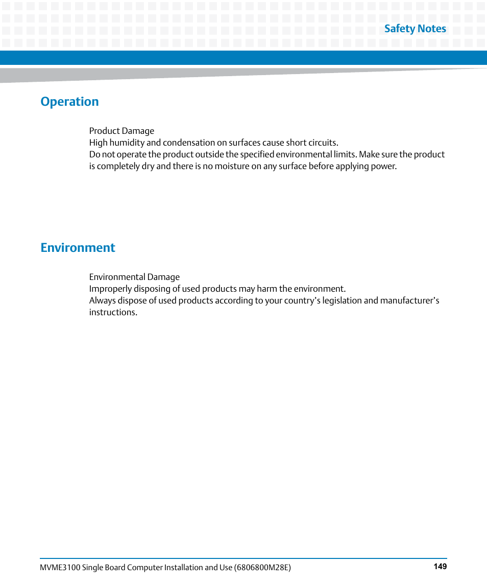 Operation, Environment | Artesyn MVME3100 Single Board Computer Installation and Use (June 2014) User Manual | Page 149 / 156