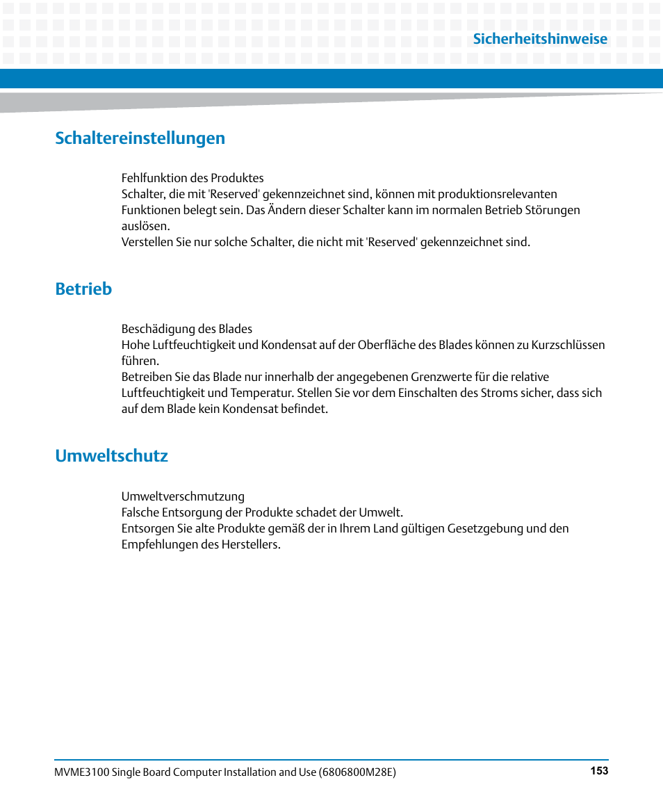 Schaltereinstellungen, Betrieb, Umweltschutz | Artesyn MVME3100 Single Board Computer Installation and Use (June 2014) User Manual | Page 153 / 156