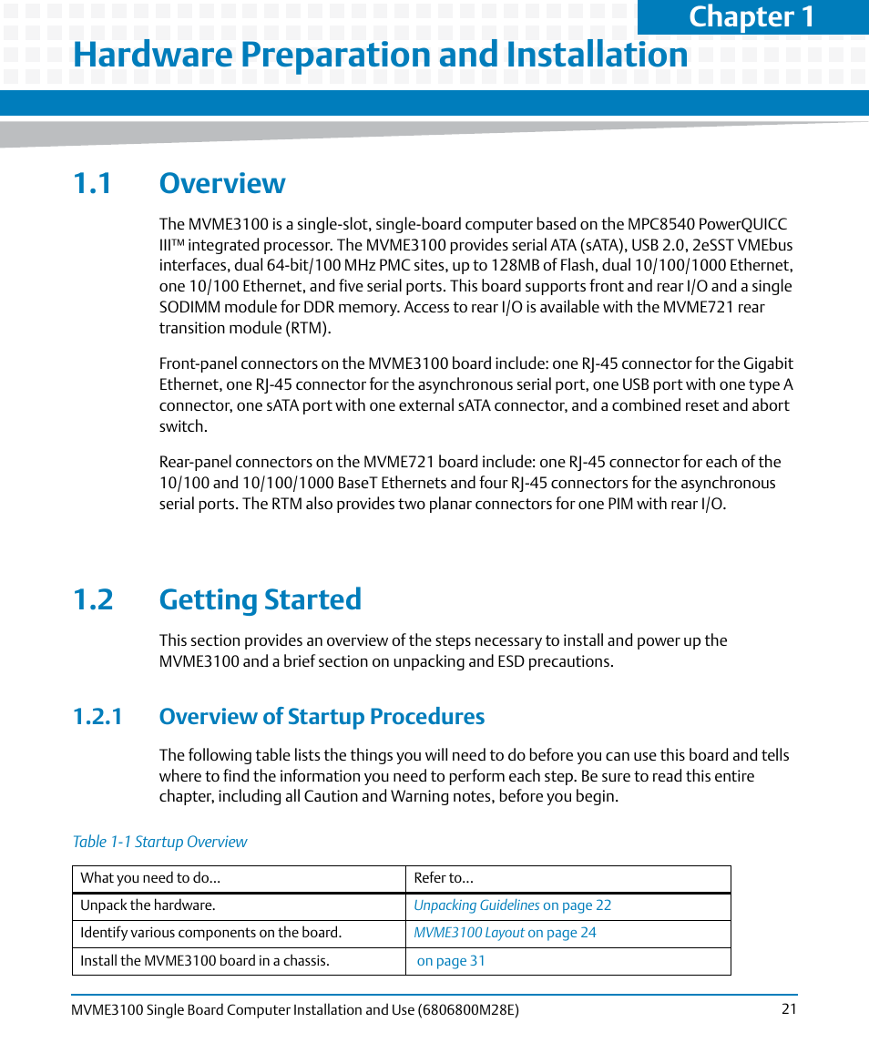 Hardware preparation and installation, 1 overview, 2 getting started | 1 overview of startup procedures, 1 overview 1.2 getting started, Table 1-1, Startup overview, Chapter 1 | Artesyn MVME3100 Single Board Computer Installation and Use (June 2014) User Manual | Page 21 / 156