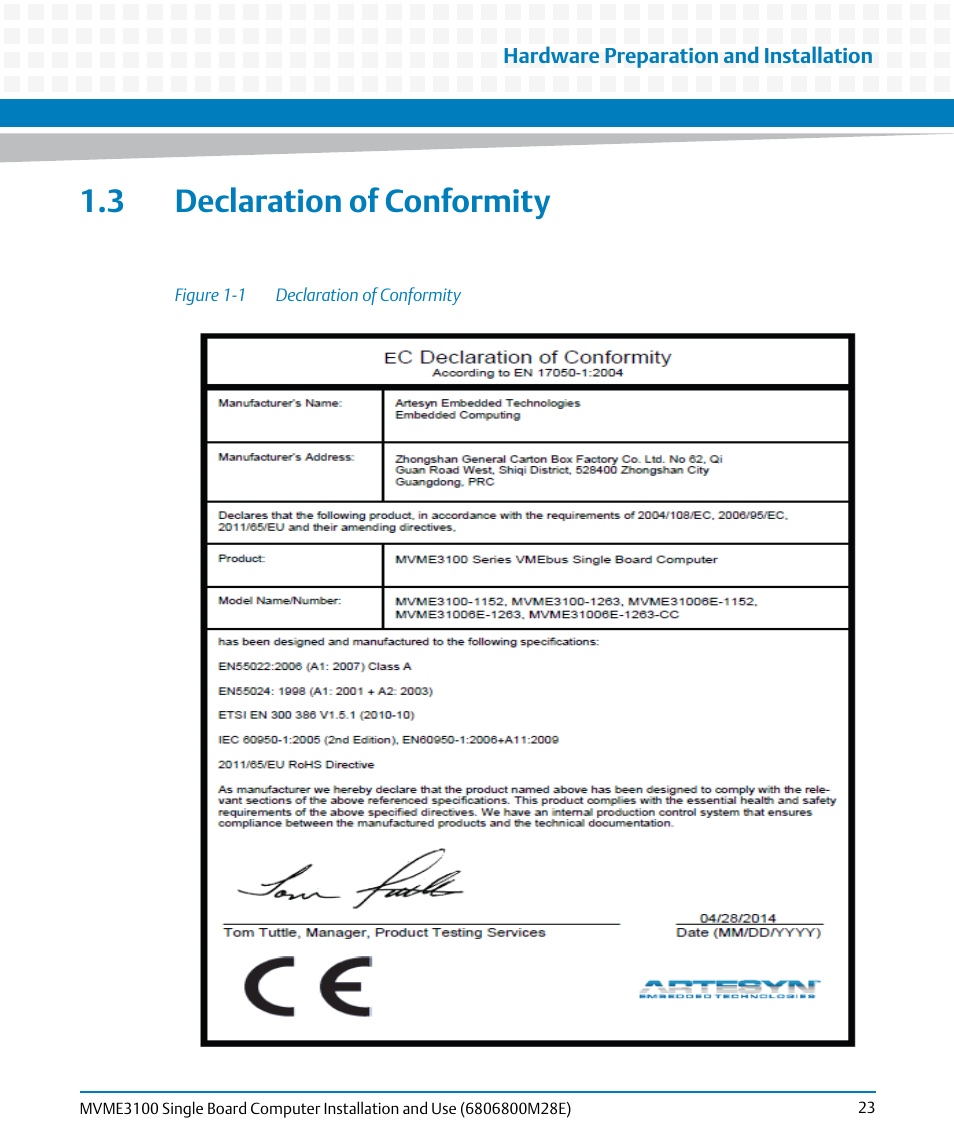 3 declaration of conformity, 3 configuring hardware, Declaration of conformity | Artesyn MVME3100 Single Board Computer Installation and Use (June 2014) User Manual | Page 23 / 156